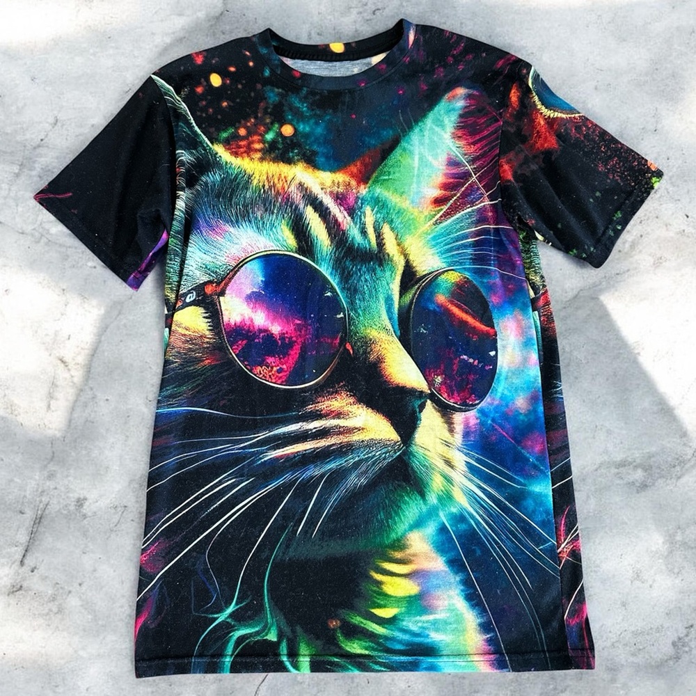 Men's Black Multicolor Cat Graphic Tee